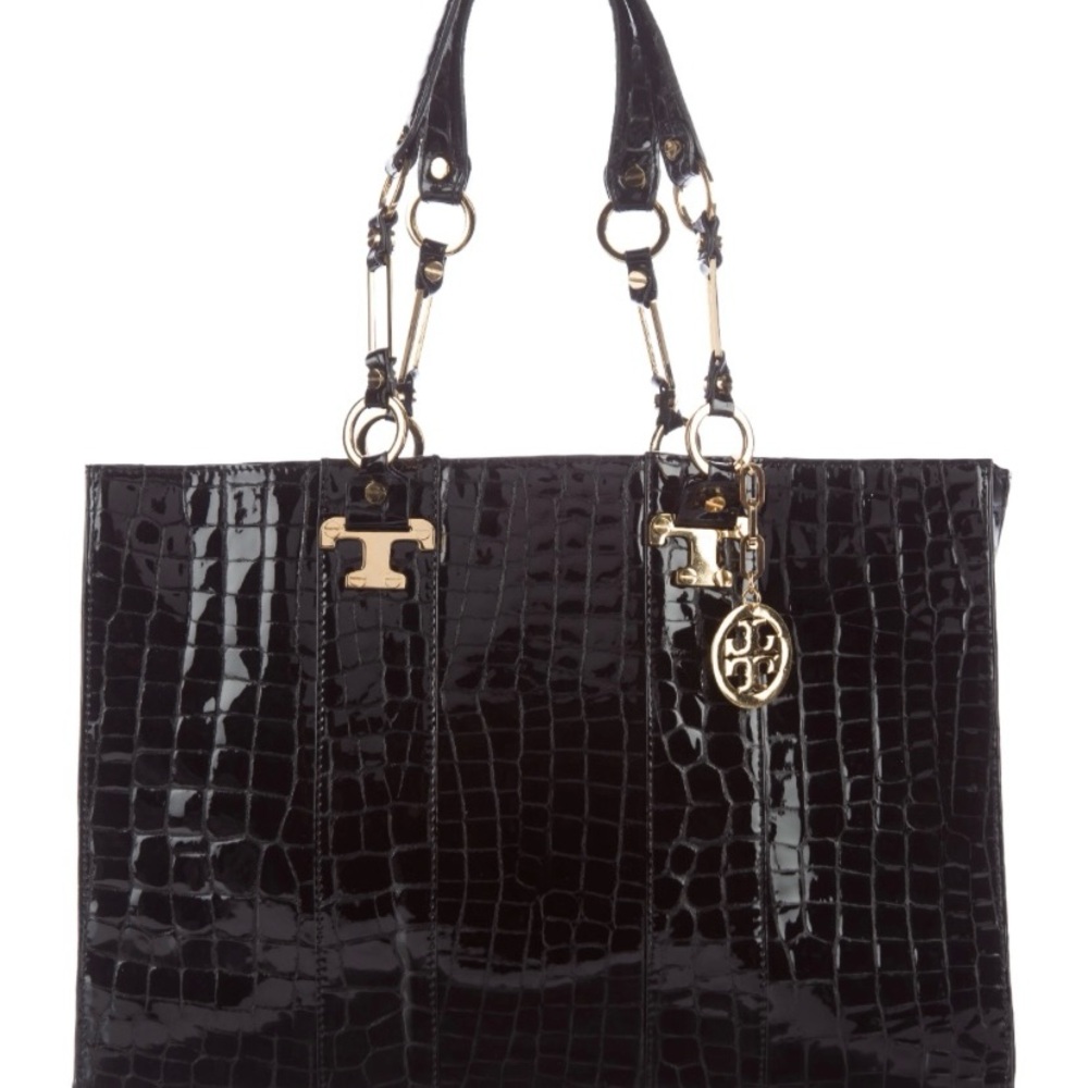 Tory Burch Jordana black patent embossed croc tote